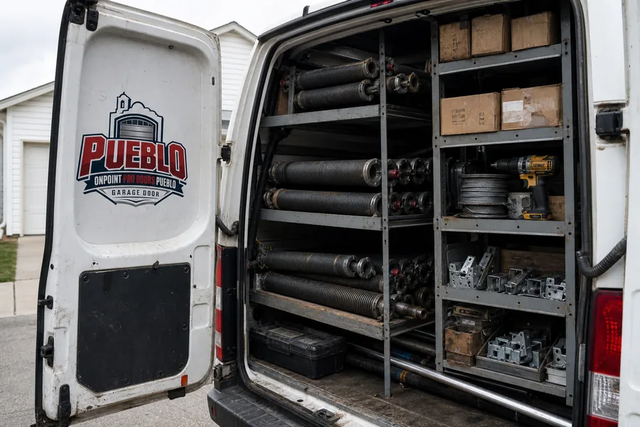 Inside the OnPoint Pro Doors Pueblo truck: springs, rollers, drums and hinges stocked for Pueblo